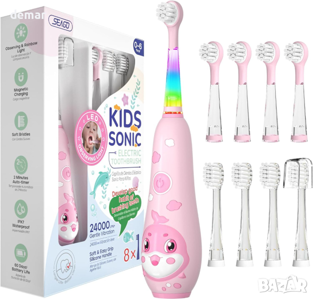 Seago Kids Детска електрическа четка за зъби, акумулаторна, с магнитно зареждане, розова, снимка 1