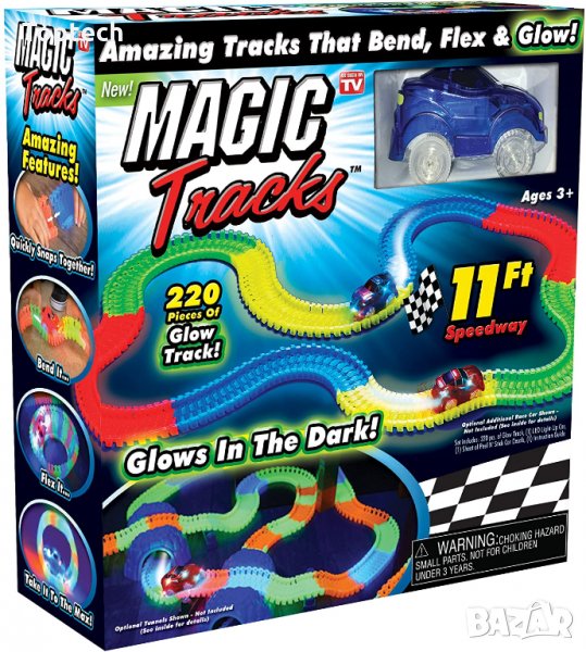 Светеща писта Magic Tracks, Състезателна количка, 220 части, Многоцветна, снимка 1