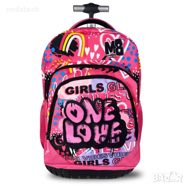 Ученическа раница на колелца One Love, Розов, 33x23x48см, снимка 1