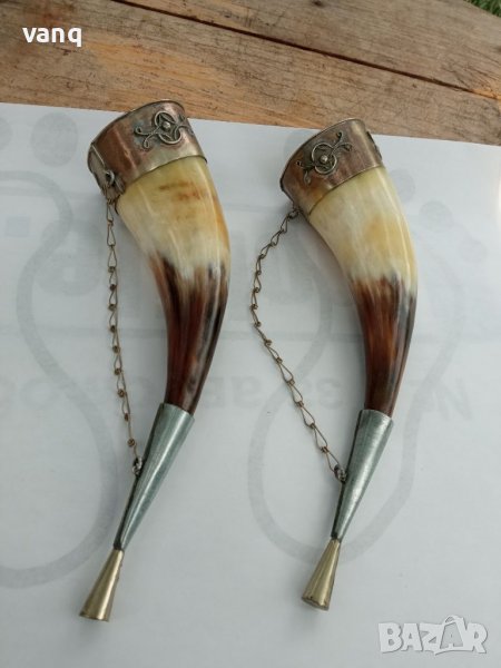 Стари чаши от рог месингов обков за вино,медовина или за декорация, снимка 1