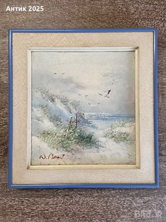 Винтидж морска картина „Дюни край морето“, с авторски подпис, средата на ХХ век, снимка 1