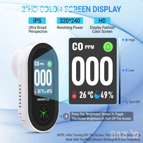 Детектор за въглероден оксид INKBIRD PTH-24D, електрохимичен сензор, HD дисплей,, снимка 5 - Друга електроника - 53322166