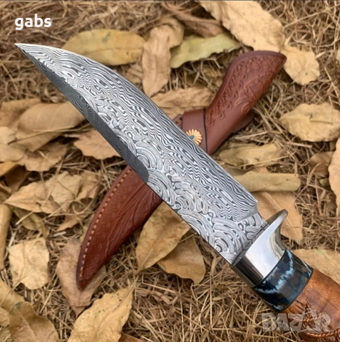 Японски ловен нож MYATO WOOLF DAMASK с кожена кания,LN429, снимка 5 - Ножове - 52662409