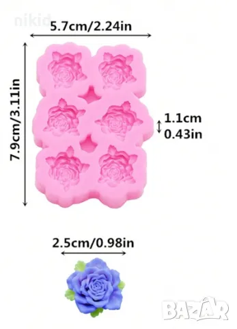 6 рози розички роза с лисенца силиконов молд форма фондан украса декор, снимка 2 - Форми - 47428258