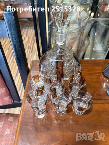 винтидж кристална гарафа с 6 чашки за ликъор