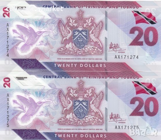 20 долара 2020, Тринидад и Тобаго(2 банкноти поредни номера), снимка 1 - Нумизматика и бонистика - 35337863