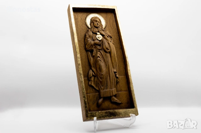 Релефна икона на Св. Богородица с Благодатно Сърце от масивен дъб, снимка 2 - Икони - 53223280