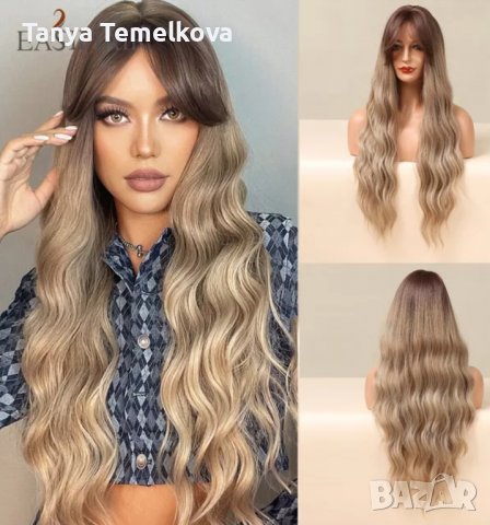 Дълга на вълни руса перука с бретон, снимка 1