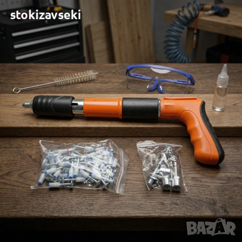 Професионален пистолет за забиване на пирони + 50 броя пирона, снимка 4 - Куфари с инструменти - 54056629