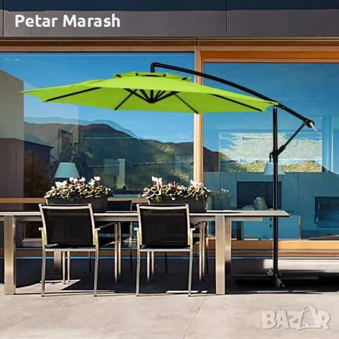 Висящ градински чадър 3м със соларни LED светлини – Зелен, снимка 2 - Градински мебели, декорация  - 51051201