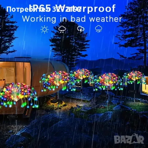 LED Соларна лампа,8 прграми/режима на светлина,водоустойчива IP65, снимка 3 - Соларни лампи - 49403239