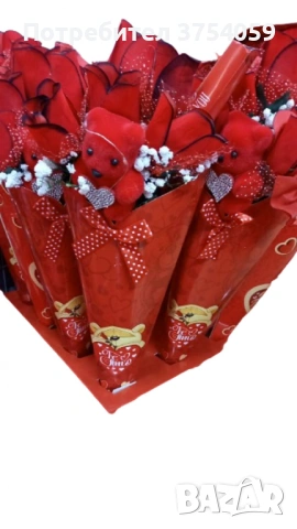 Романтичен букет с мече и червени рози, снимка 6 - Романтични подаръци - 53084338
