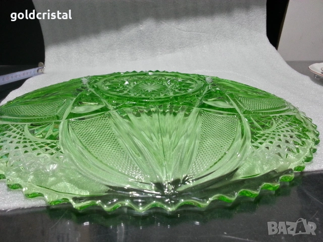 Стара стъклена чиния плато цветно зелено стъкло , снимка 6 - Антикварни и старинни предмети - 53309981