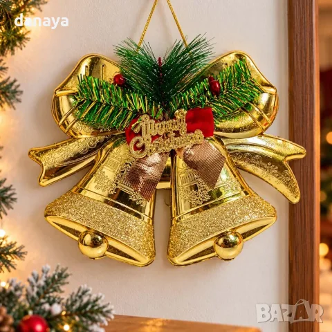 7197 Коледна украса за стена – камбанки с надпис Merry Christmas, 20 х 24 см