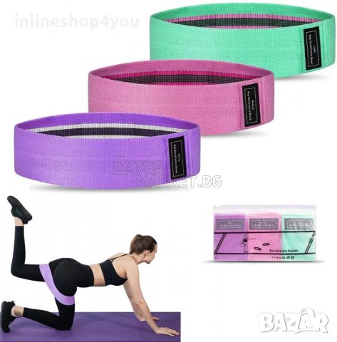 Комплект 3 броя широки текстилни ластици за тренировка, снимка 5 - Фитнес уреди - 34182578
