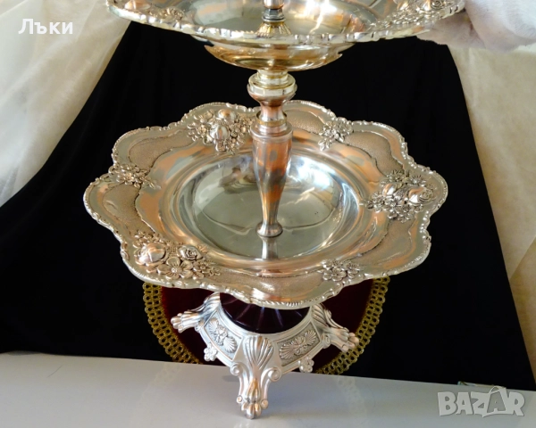 Посребрен поднос,плато на два етажа 47 см., 1.9 кг.,рози,барок. , снимка 13 - Антикварни и старинни предмети - 51826703