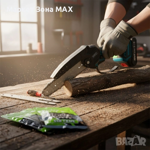 Акумулаторен трион за дърво и клони UKC 48V – 6″ верижна резачка с 2 батерии и 2 вериги, снимка 3 - Други инструменти - 52886461