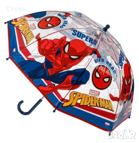 Чадър тип бастун детски ръчен прозрачен син червен Спайдърмен 64 см, снимка 3 - Чадъри - 42875327