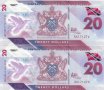 20 долара 2020, Тринидад и Тобаго(2 банкноти поредни номера), снимка 1 - Нумизматика и бонистика - 35337863