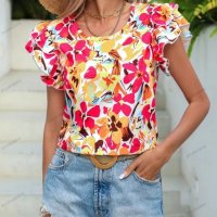 Дамска лятна модна двуслойна риза с къс ръкав с флорален принт, 4цвята - 023, снимка 5 - Ризи - 40394598
