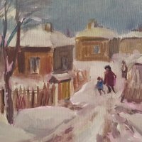 Никола Даскалов 1941 - 2010 Зимно утро пейзаж картина с маслени бои , снимка 4 - Картини - 40037665