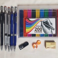 Комплект 6 механични молива 2мм + 200 броя 2B цветен цветни + 6 черни графита, снимка 3 - Други - 42263527