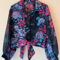 Черна широка риза с цикламени и лилави цветя 🌸, снимка 1 - Ризи - 44198252
