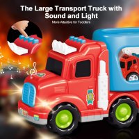 LEYAOYAO Камион с 4 противопожарни коли със светлини и звуци, играчка за малки деца, снимка 2 - Коли, камиони, мотори, писти - 44391828