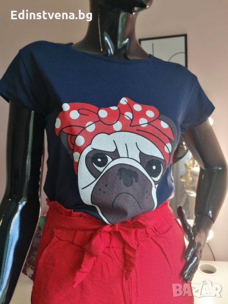 Тъмносиня тениска с щампа куче, снимка 1