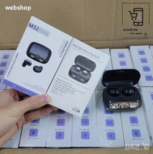 Безжични аудио слушалки тип тапи TWS M32, шумопотискане, Bluetooth V5.1, Функция Powerbank, снимка 1