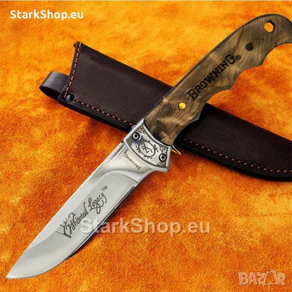 Уникален ловен нож Browning с орехова дръжка и кожен калъф, снимка 1