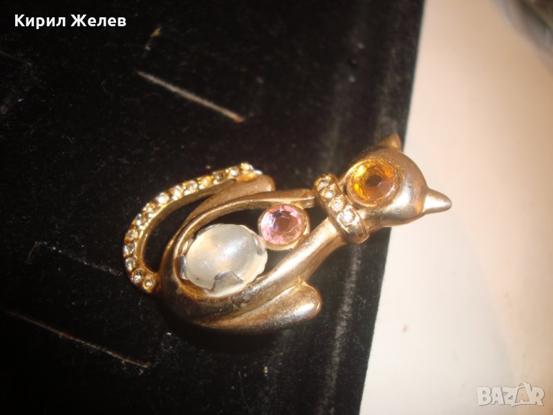 БРОШКА КОТКА с ПОЗЛАТА МЕДНА с КАМЪНИ ВИНТИДЖ АРТ ДЕКО БИЖУ 3736, снимка 1