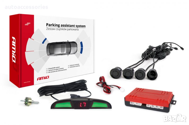 3000051662 Комплект парктроник Amio, Parking sensor, Четири ултразвукови черни сензора, С дисплей, снимка 1