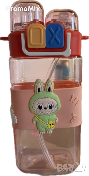 Детска бутилка Labubu 600 мл Лабубу шише регулируема презрамка Детско червено шише за вода Лабубу, снимка 1