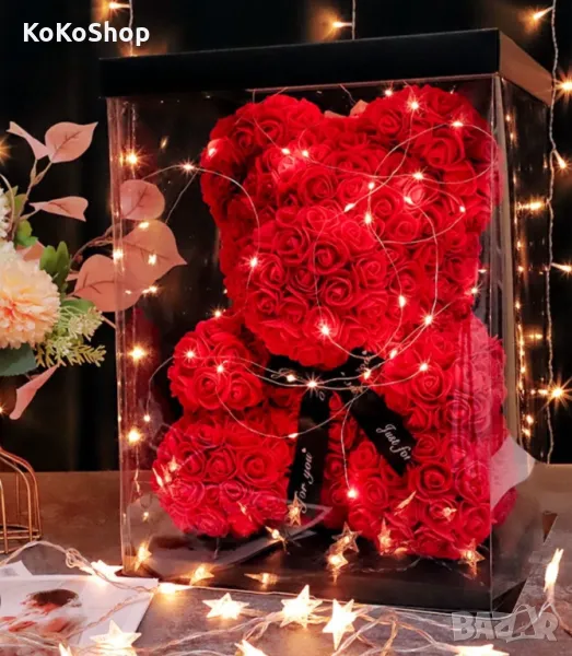 Мече от рози с LED светлини-40 см./червено мече от рози, снимка 1