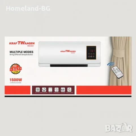 PROMO!! Печка KraftWaagen, 3 в 1, Стенна, Отопление, Охлаждане, 1500 W, LED екран, Компактен, Бял