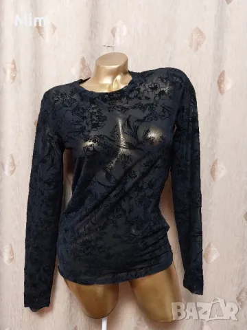 М Черна еластична прозрачна блуза с релефни кадифени цветя , снимка 5 - Блузи с дълъг ръкав и пуловери - 48494939