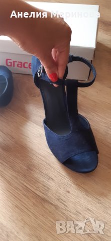 Тъмно сини сандали на ток 40, снимка 3 - Сандали - 30298428