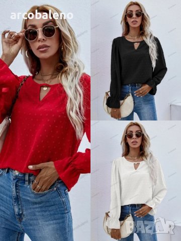 Дамска едноцветна риза с кръгло деколте и дълъг ръкав на точки, 3цвята 