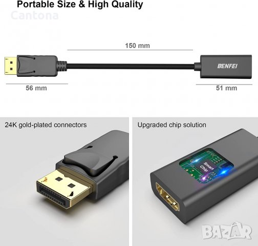 Benfei Displayport към HDMI адаптер, мъжки към женски, снимка 3 - Кабели и адаптери - 38548258