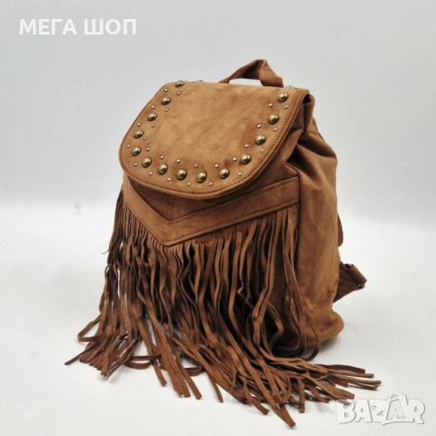 Велурена дамска раница с ресни и метални нитове – бохо стил и практичност, снимка 6 - Раници - 52643500