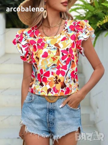 Дамска лятна модна двуслойна риза с къс ръкав с флорален принт, 4цвята - 023, снимка 5 - Ризи - 40394598