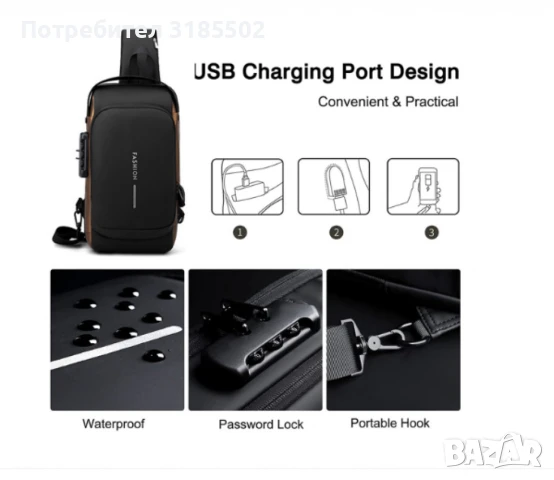 Мъжка чанта за през рамо, Crossbody, с USB поддръжка за зареждане, джоб против кражба, водоустойчивa, снимка 2 - Чанти - 51227921