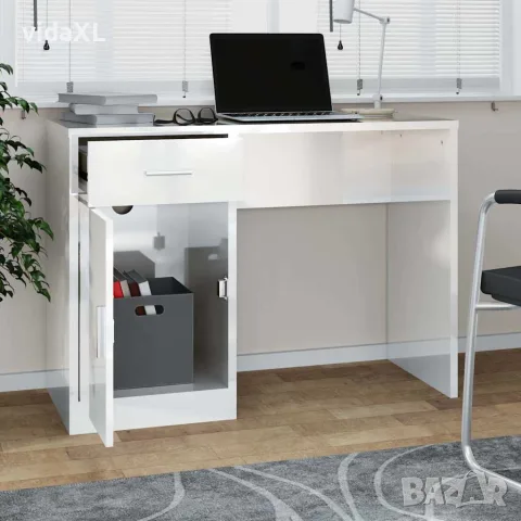vidaXL Бюро с чекмедже и шкаф бял гланц 100x40x73 см, инженерно дърво, снимка 3 - Бюра - 56147075