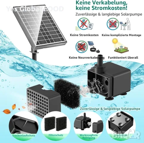 Соларна фонтанна помпа PONDIA 8.5W с батерия 3200mAh, снимка 4 - Напояване - 56267372
