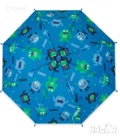 Чадър тип бастун ръчен детски сини чудовища 54 см