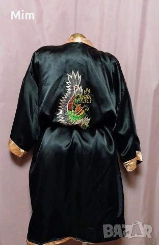 L Черен сатенен халат с двойно лице в китайски стил с бродерия дракон 