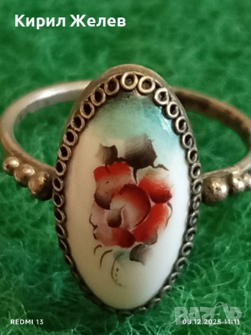Винтидж сребърен пръстен с филигран и ръчно рисувана роза върху емайл 52426, снимка 3 - Пръстени - 52687113