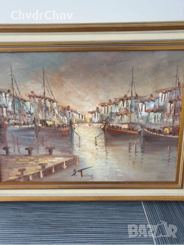 86х66см/голяма картина масло върху платно/морски пейзаж/селски къщи-рибарски лодки, снимка 2 - Картини - 52549485