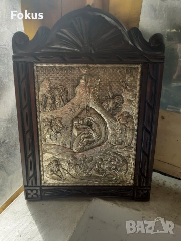 Голяма сребърна икона с дървена рамка дърворезба сертификат, снимка 3 - Антикварни и старинни предмети - 37910863